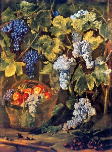 Ainda vida com uma cesta de frutas, castanhas e um fundo ou videiras e cachos de uvas
